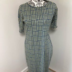 LulaRoe Julia Dress, size L, used, blue and pale yellow background.
